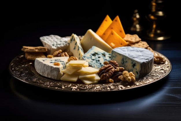 mezcla de quesos azules en un plato sobre fondo azul oscuro