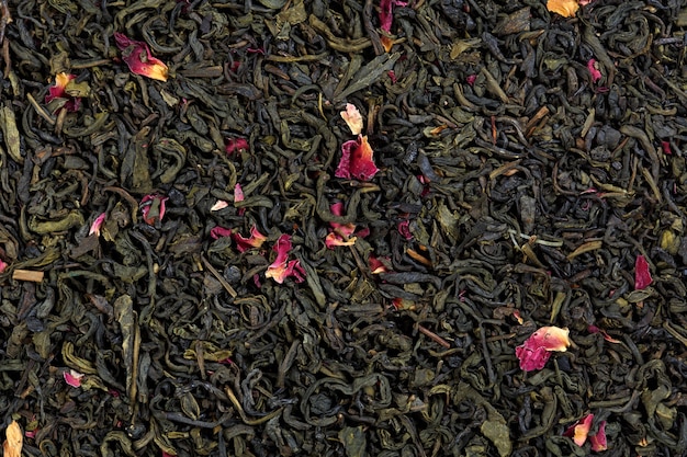 Mezcla de té de bergamota, pétalos de rosa, aromas cítricos. Foto de alta resolución.