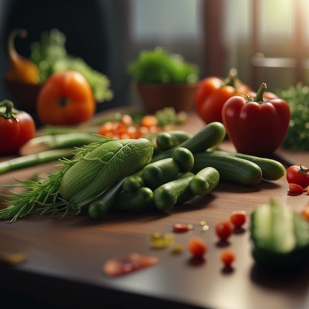 Una mezcla de vegetales frescos en la mesa de madera