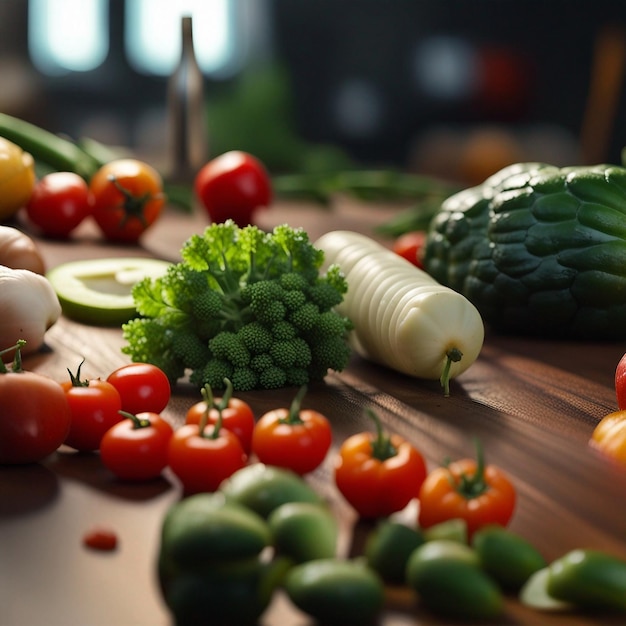 Una mezcla de vegetales frescos en la mesa de madera