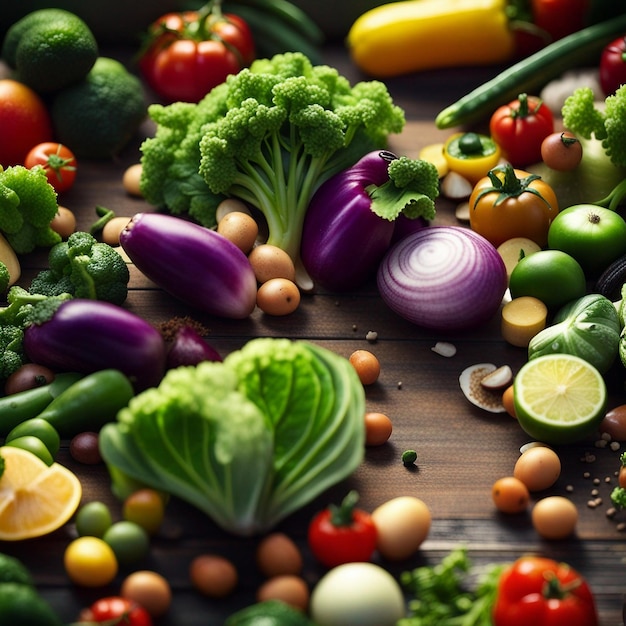 Una mezcla de vegetales frescos en la mesa de madera