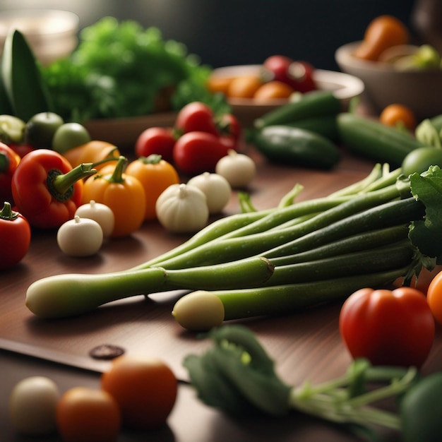 Una mezcla de vegetales frescos en la mesa de madera