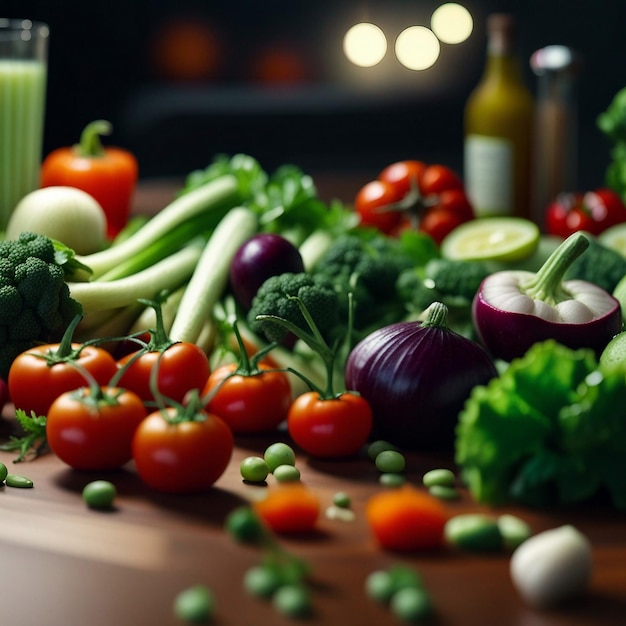 Una mezcla de vegetales frescos en la mesa de madera