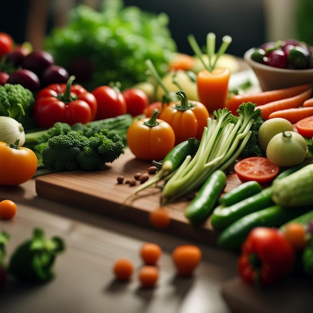 Una mezcla de vegetales frescos en la mesa de madera