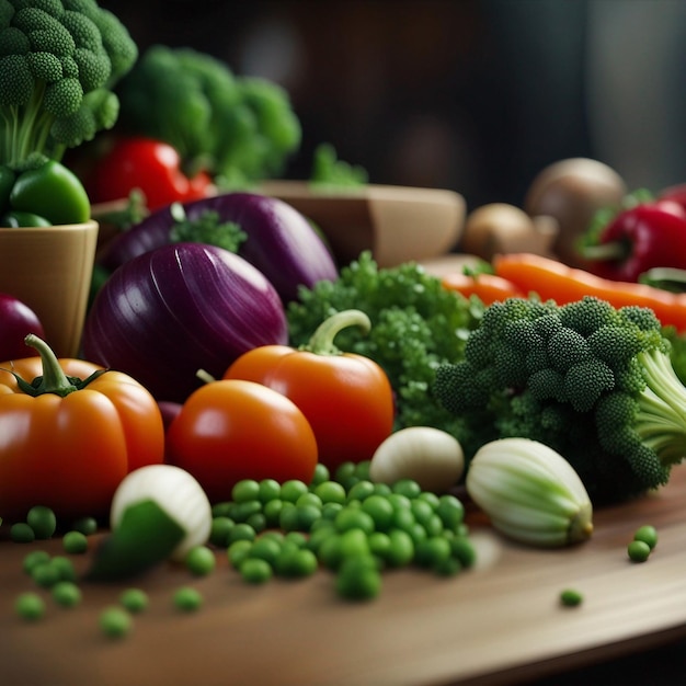 Una mezcla de vegetales frescos en la mesa de madera