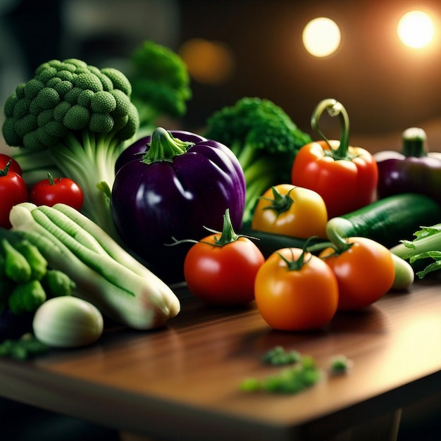 Una mezcla de vegetales frescos en la mesa de madera