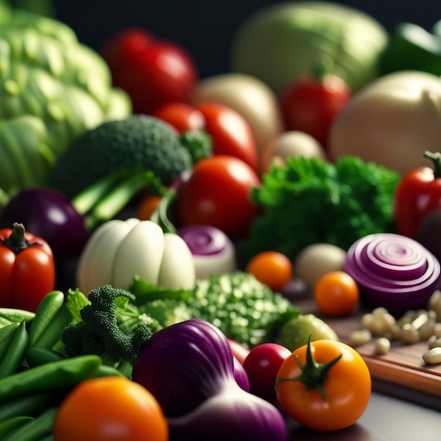 Una mezcla de vegetales frescos en la mesa de madera