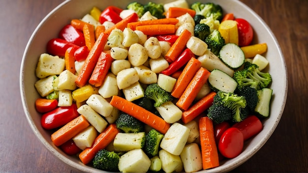 mezcla de verduras cocidas en un tazón variedad de verduras a la parrilla en un tazo en fondo abstracto calabacín 8K