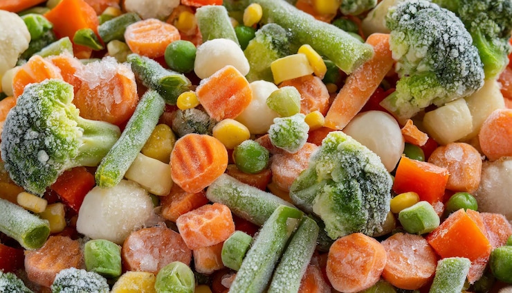 Foto mezcla de verduras congeladas guisantes verdes brócoli y zanahoria alimentos orgánicos vista superior