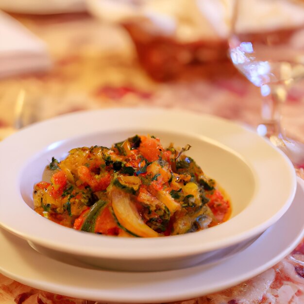 Foto mezcla de verduras guisadas en un plato de cerámica en la mesa servida