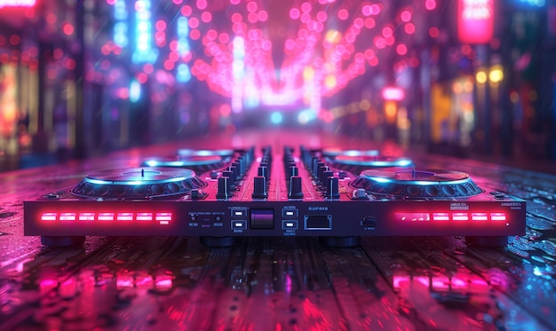 Mezclador de Dj con dos tocadiscos sobre fondo de madera con luces de neón