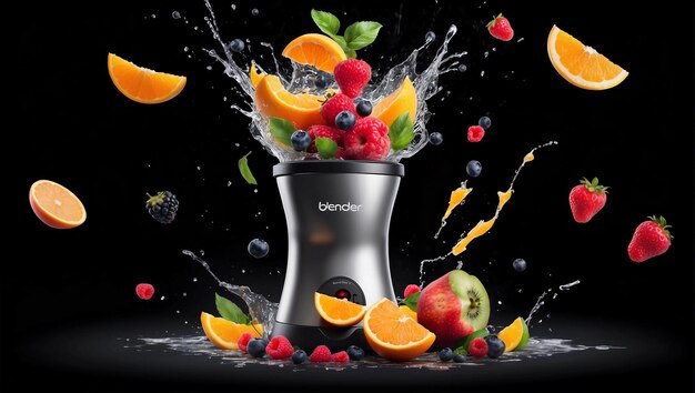 Mezclador con fruta volando aislado en fondo negro jugo de fruta y salpicaduras