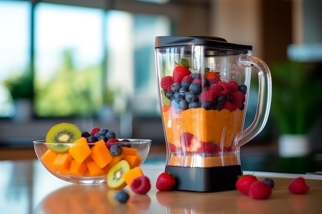 Foto mezclador de frutas jugo de naranja y mezcla de bayas ai generativa