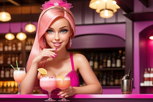 Mezclando cócteles en un pub en estilo de niña barbie rosa ilustración generativa ai