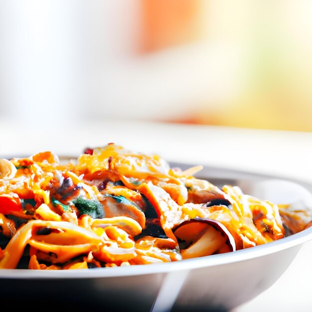 Foto mezclar fideos fritos con setas pollo y verduras en wok en una mesa de madera blanca de primer plano