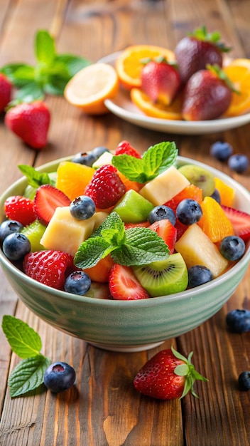 mezclar frutas en un cuenco en una tabla de madera ensalada de frutas frescas saludables en una tablas de madera