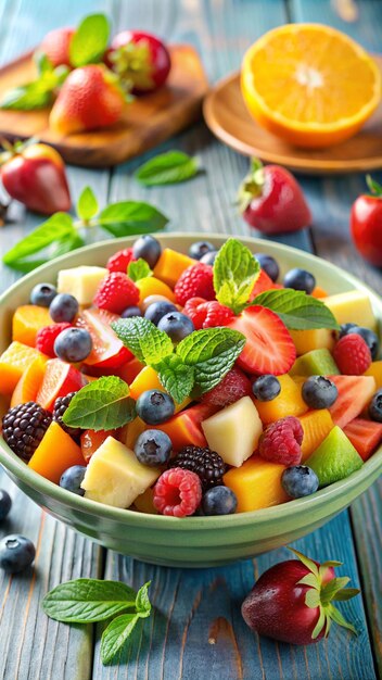 mezclar frutas en un cuenco en una tabla de madera ensalada de frutas frescas saludables en una tablas de madera