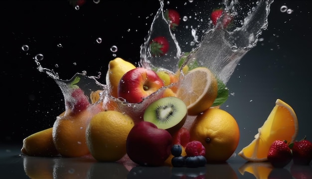 Mezcle frutas de verano con gotas de agua, incluidas naranjas frescas, manzanas y limones Ai generativo