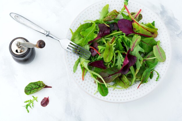 Mezcle hojas frescas de rúcula, lechuga, espinaca, remolacha para ensalada sobre una superficie de piedra clara