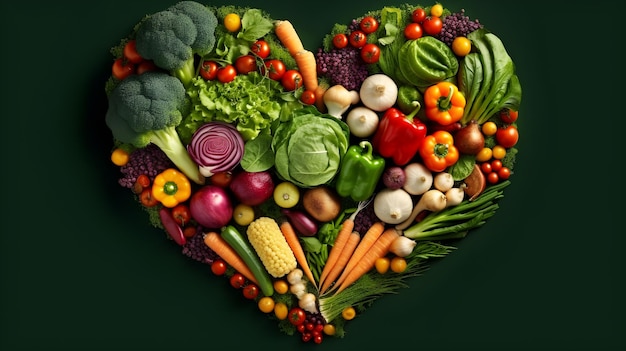 mezcle las verduras en forma de corazón en un fondo negro