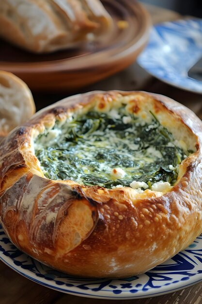 Foto meze marvel espinha e feta dip em folklore patterned bread bowl