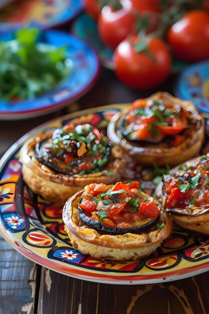 Foto meze perfection berinjela e tortilhas de tomate em prato folclórico