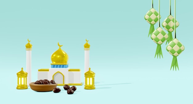 Mezquita 3D y jarra de dátiles y farol árabe y Ketupat en la parte superior con fondo azul claro