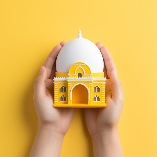 Foto mezquita 3d en mano sobre fondo amarillo