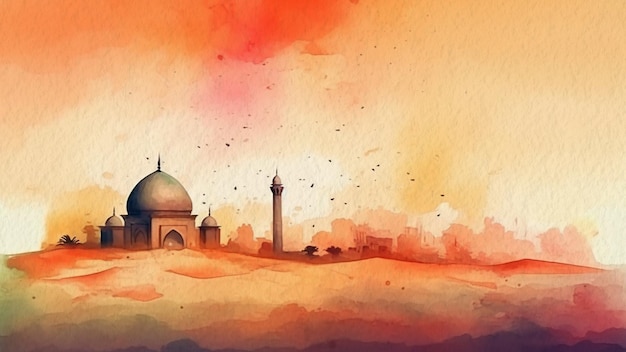Mezquita abstracta en el desierto Fondo de acuarela en papel Temas de Ramadán y Eid