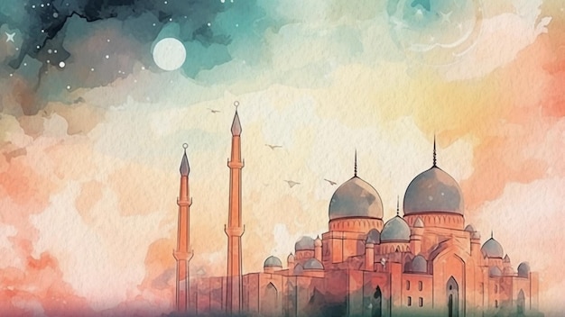 Foto mezquita abstracta fondo de acuarela pastel en papel temas de ramadán y eid