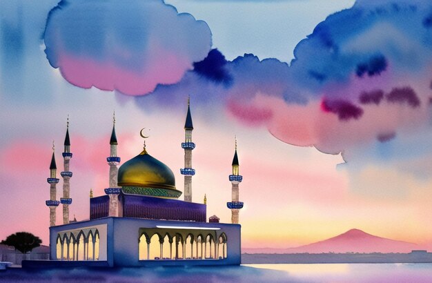 Mezquita de acuarela para Ramadán Kareem Eid Saludos para el festival musulmán de ayuno Cultura islámica Mes sagrado IA generativa