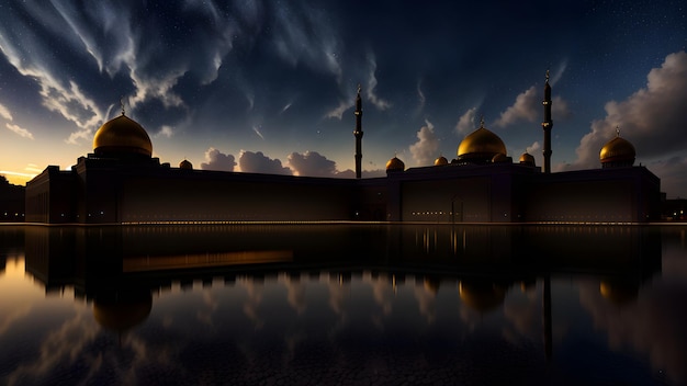 Una mezquita al anochecer con el cielo de fondo