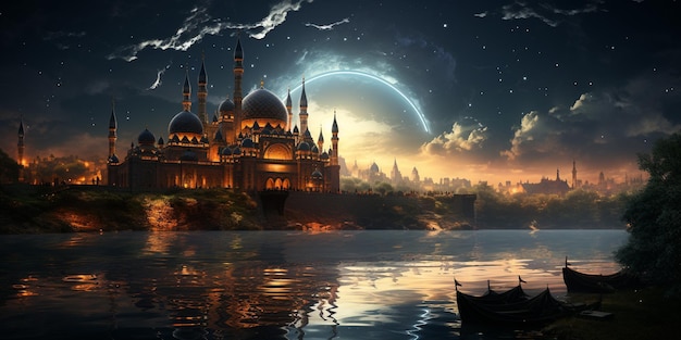 Una mezquita al anochecer con la luna al fondo