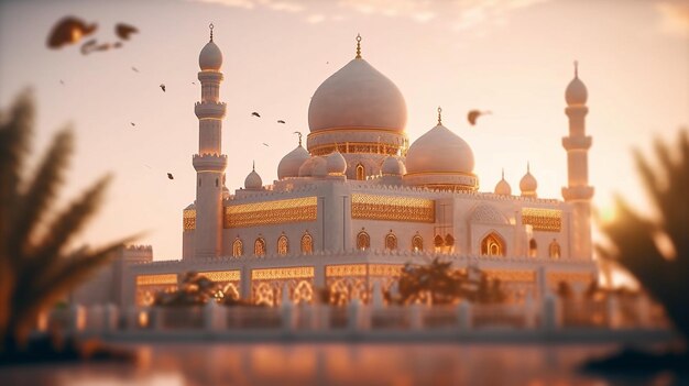 Una mezquita al atardecer con pájaros volando