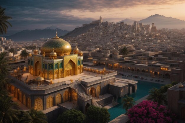 Mezquita al maghfirah en los Emiratos Árabes Unidos con sus cúpulas y torres bajo el cielo despejado