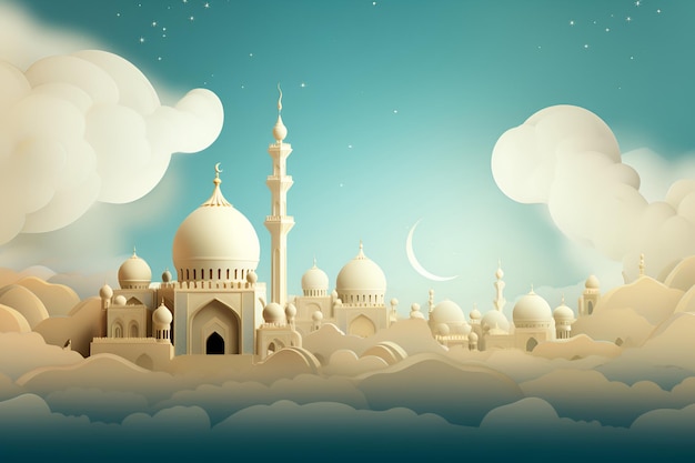 Mezquita de arte de papel en nubes blancas 1