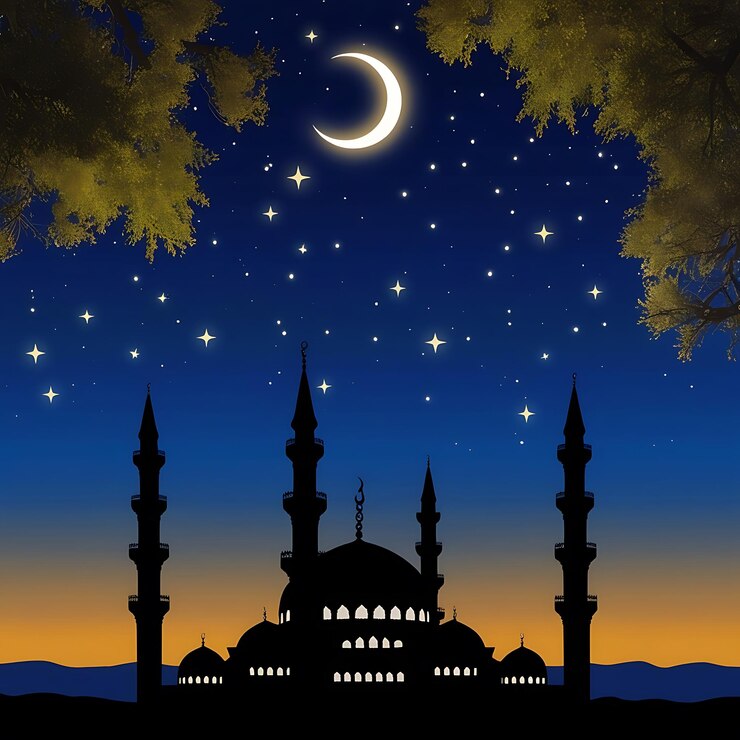 una mezquita azul bajo un árbol con la luna y las estrellas