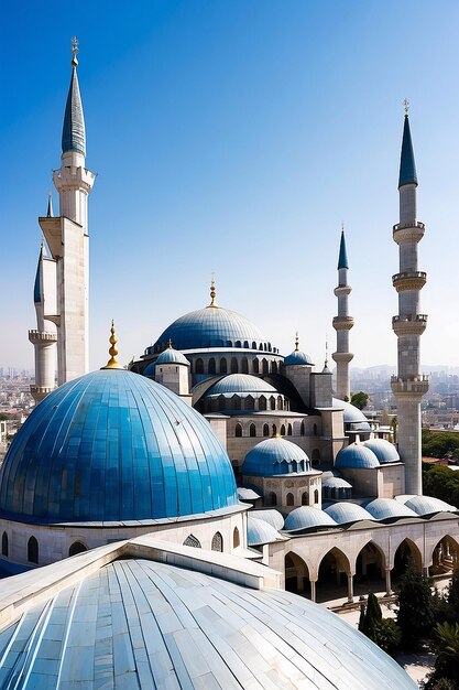 Una mezquita azul con una cúpula blanca y una cápita blanca en el medio