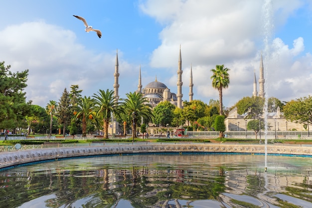 La Mezquita Azul de Estambul y la fuente en el parque Sultan Ahmet.