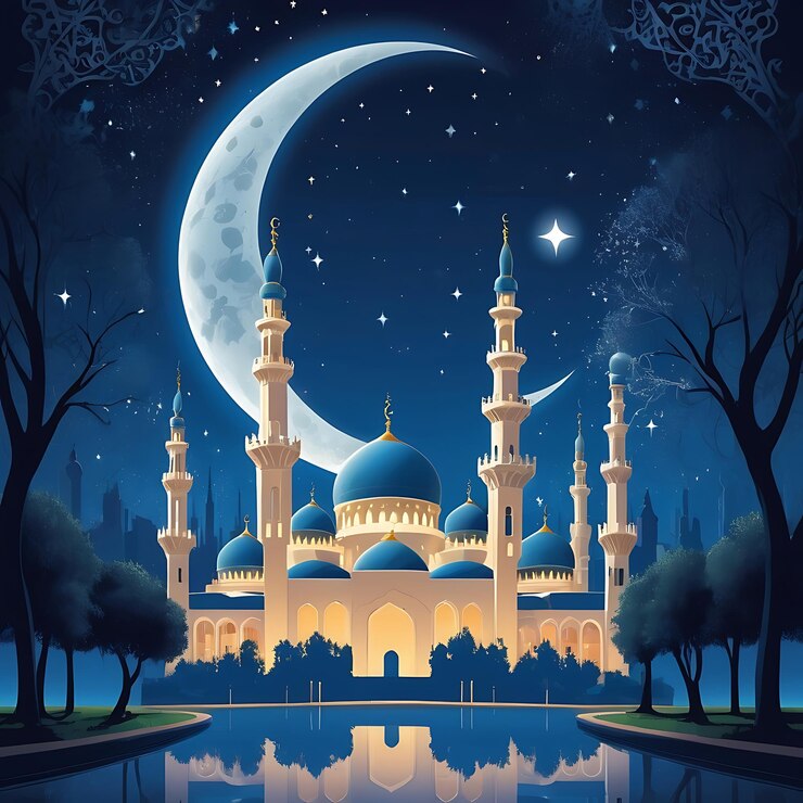 una mezquita azul con una luna y estrellas en el cielo