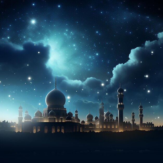una mezquita azul con una luna y estrellas en el fondo