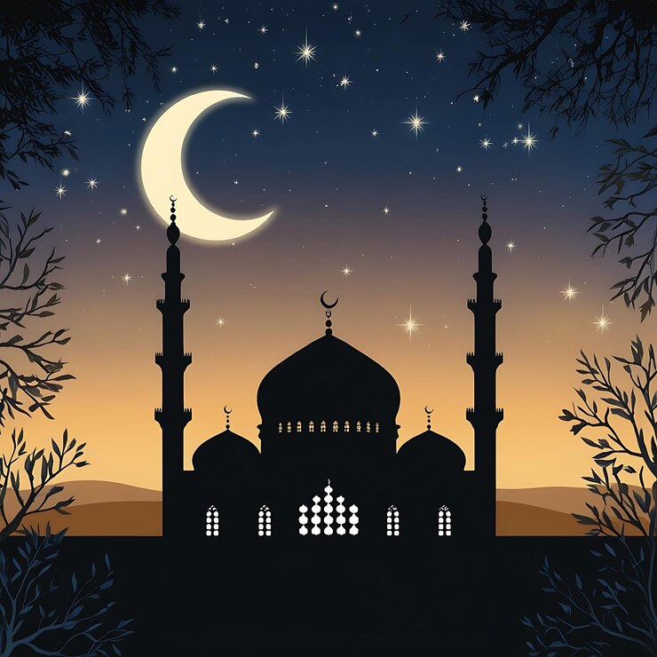 una mezquita azul con una luna y estrellas en el fondo