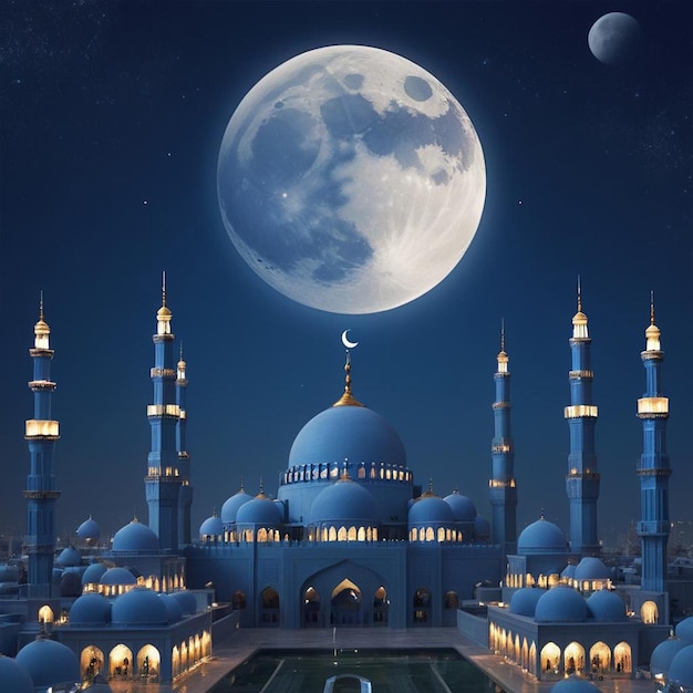 Una mezquita azul con una luna llena en el fondo
