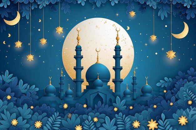 una mezquita azul rodeada de flores y estrellas