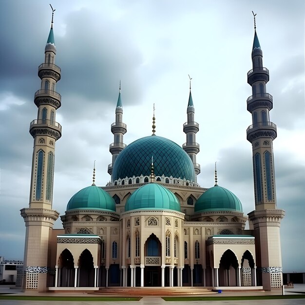Una mezquita azul con un techo verde y un cielo nublado.