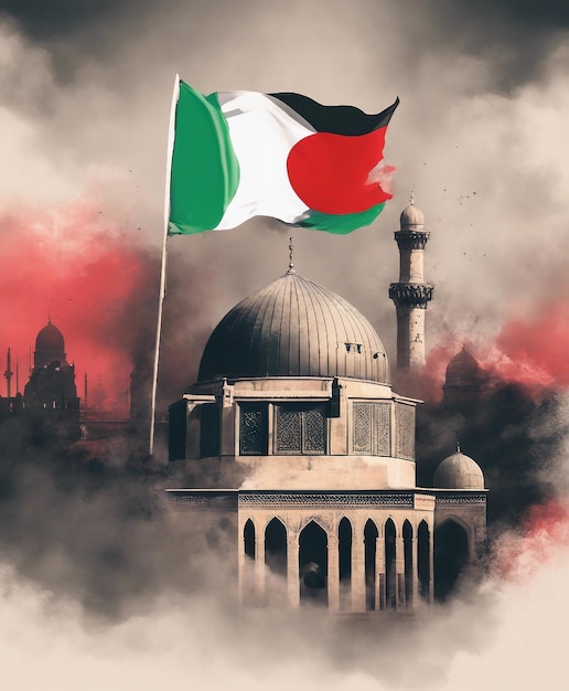 Mezquita de la bandera de la libertad palestina al aqsa en un fondo de neón de humo generado por AI