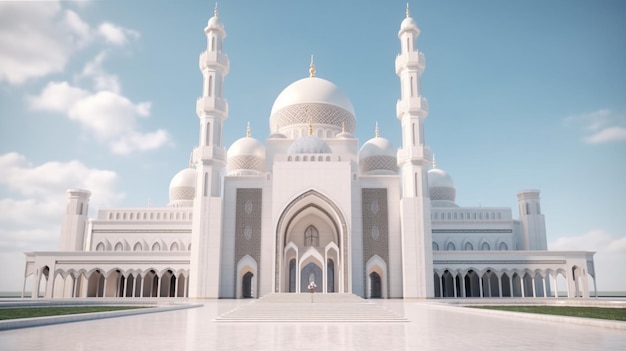 Una mezquita blanca con un cielo azul de fondo