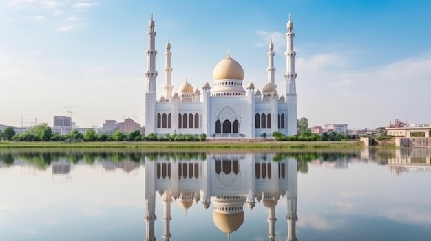 Una mezquita blanca con un reflejo en el agua.