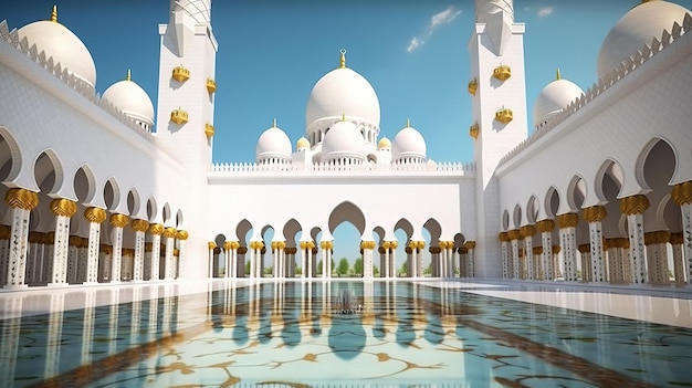 Una mezquita con un cielo azul y paredes blancas