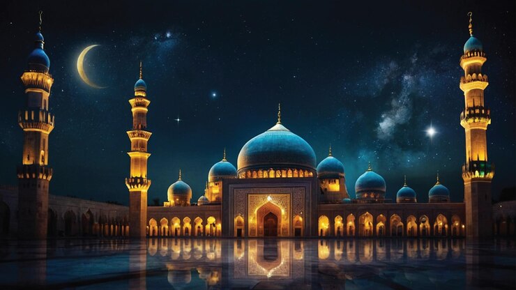 una mezquita con un cielo nocturno estrellado y un reflejo de una mezquita